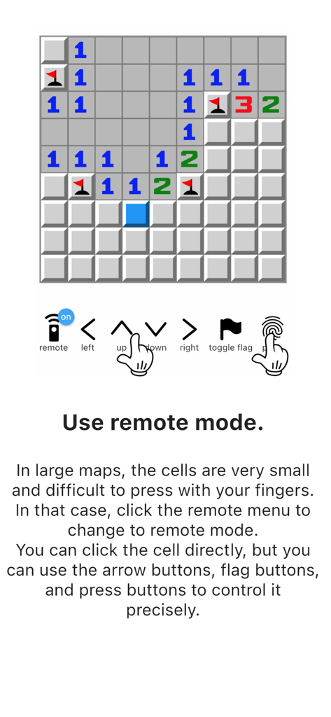 Minesweeper - Classical Game - Minesweeper classical game interface showing remote control mode for precise cell selection on large maps