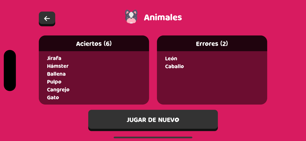Pantalla de resultados del juego para la categoría de animales en español mostrando palabras correctas e incorrectas
