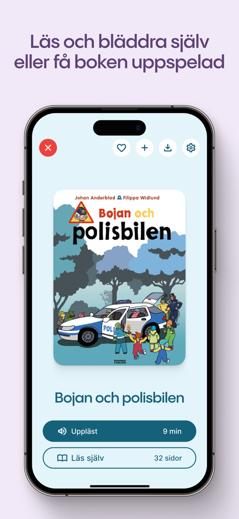 Lylli: Tusentals barnböcker - A mobile phone screen showing a children's book with options to listen to an audiobook or read independently in the Lylli app.