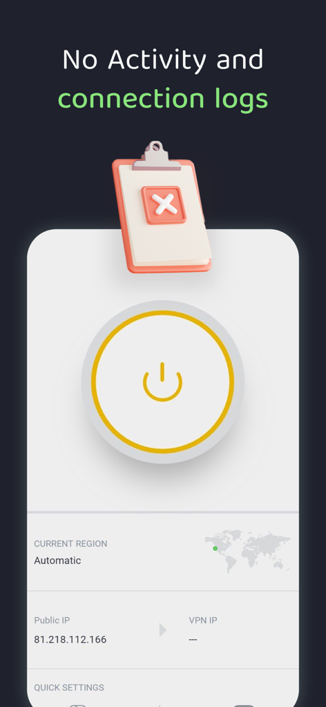 A screenshot of the VPN by Private Internet Access app emphasizing its no activity and connection logs policy.
