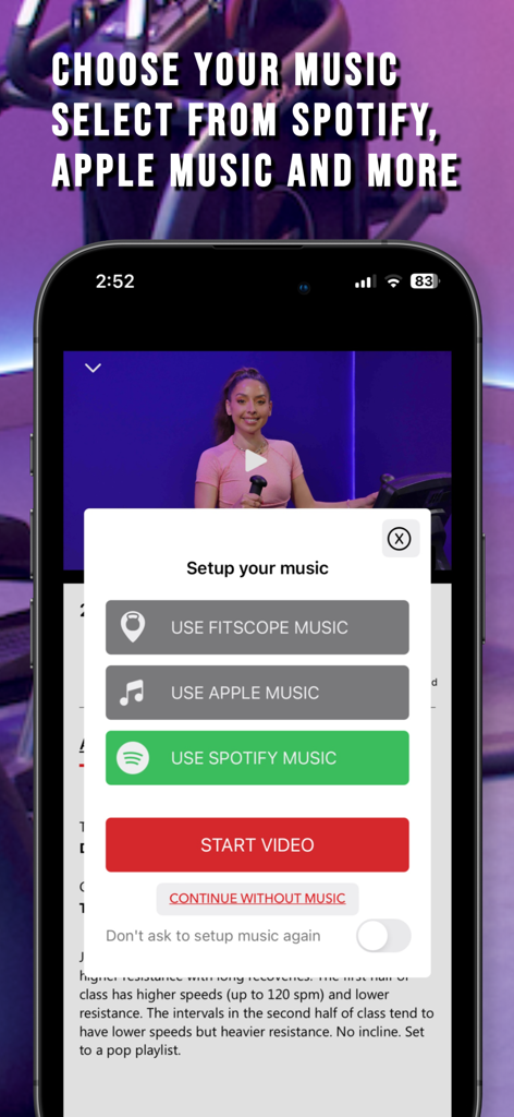 Music selection screen in the Fitscope app showing Spotify and Apple Music integration.