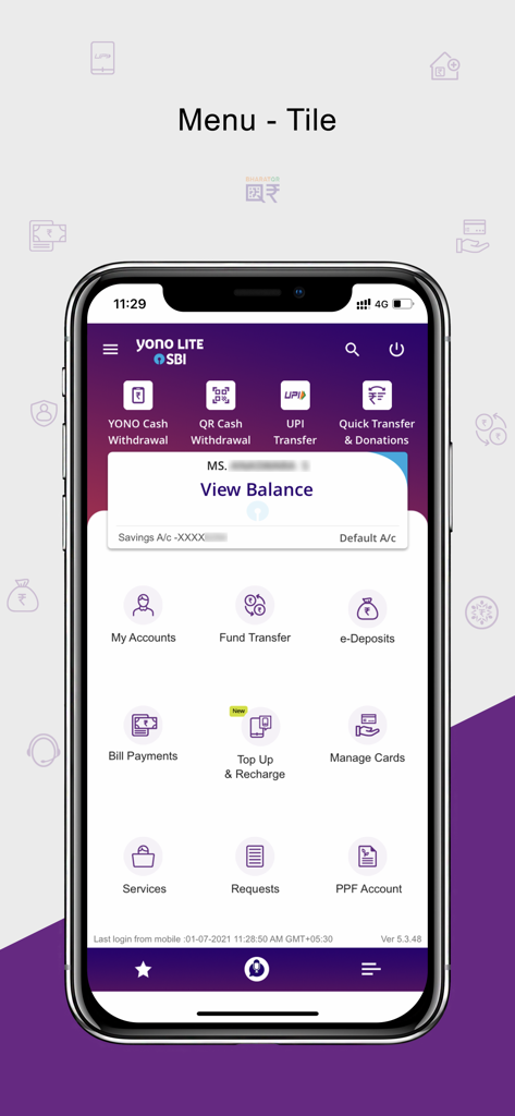 Yono Lite SBI mobile app dashboard showing menu tiles for fund transfer bill payments and account services