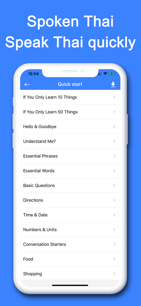 Schermata dell'app Thai Helper che mostra un menu di categorie di apprendimento della lingua tailandese come frasi essenziali e cibo.