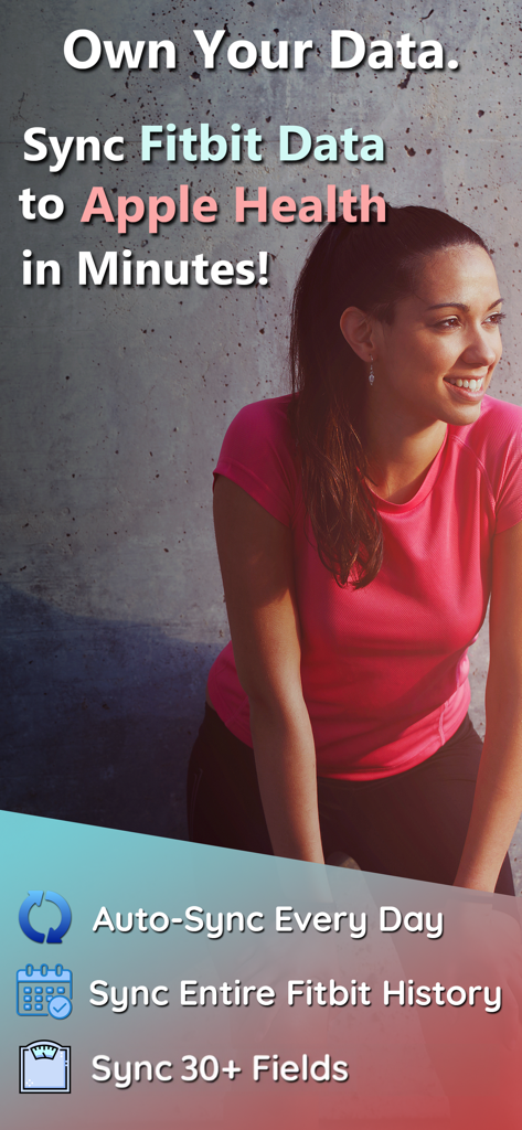 Captura de pantalla promocional de la aplicación de sincronización de Fitbit a Apple Health que destaca la sincronización automática diaria y las funciones de migración de historial