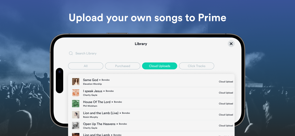 Prime MultiTrack App - Prime MultiTrack App interface showing the cloud uploads library with a list of worship songs