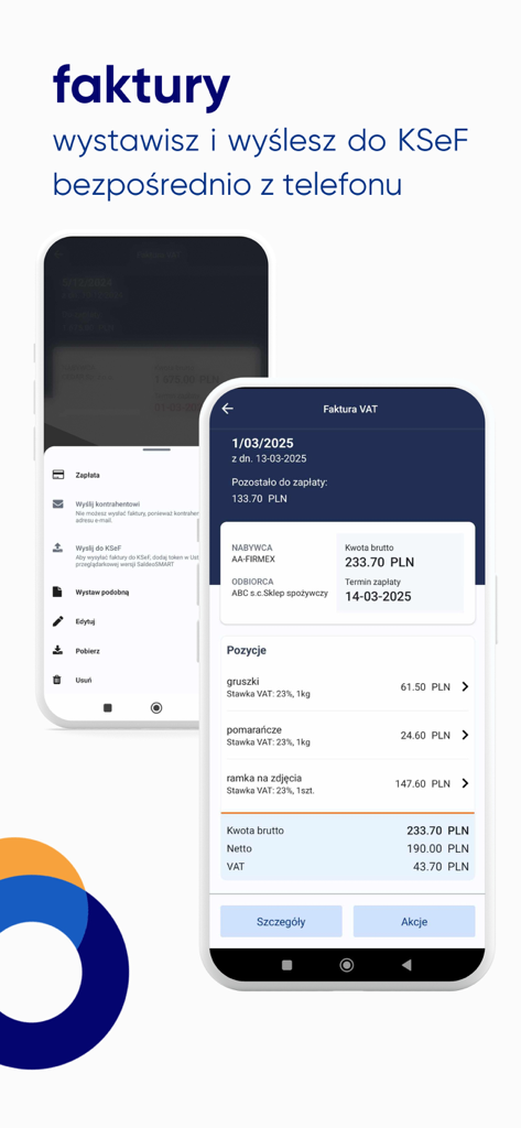 Interface de l'application mobile SaldeoSMART montrant une facture de TVA polonaise et des options de facturation électronique pour KSeF