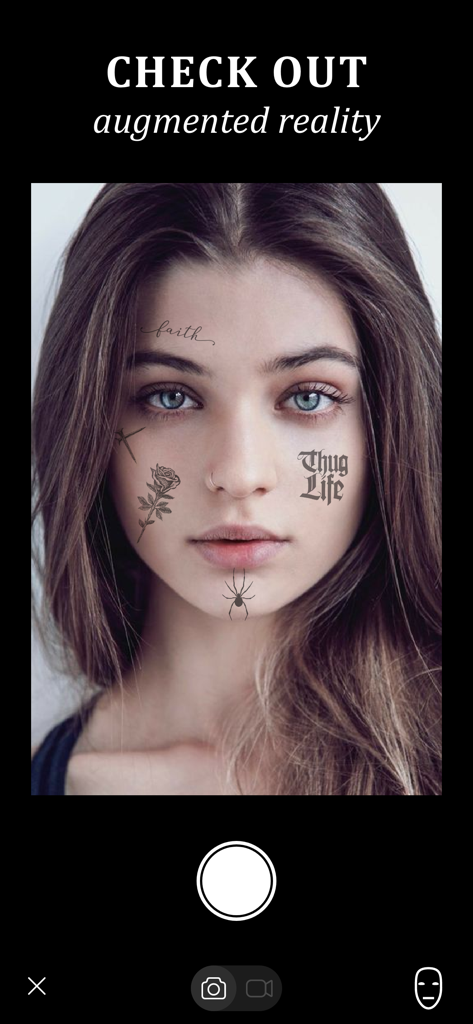 A woman using the augmented reality feature to preview multiple face tattoos including a rose and script lettering.
