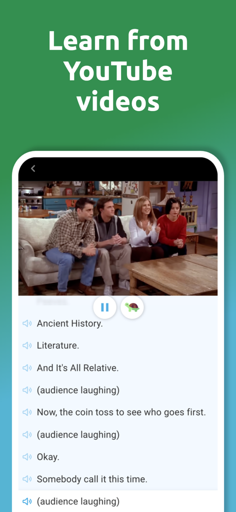 DuoCards: Language Learning - 언어 학습을 위한 인터랙티브 자막이 있는 YouTube 동영상을 보여주는 DuoCards 앱 인터페이스