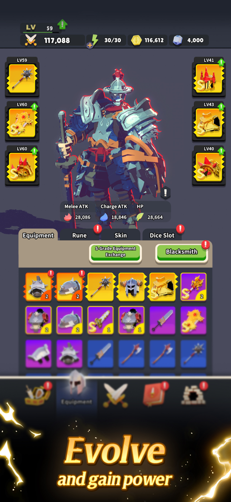 God Breaker: Roguelike ARPG - God Breaker character equipment and evolution menu showing armor sets and inventory