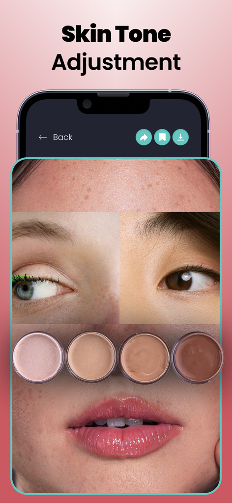 Interfaz de la aplicación Face Magic mostrando funciones de ajuste del tono de piel con diferentes opciones de tonos de base.