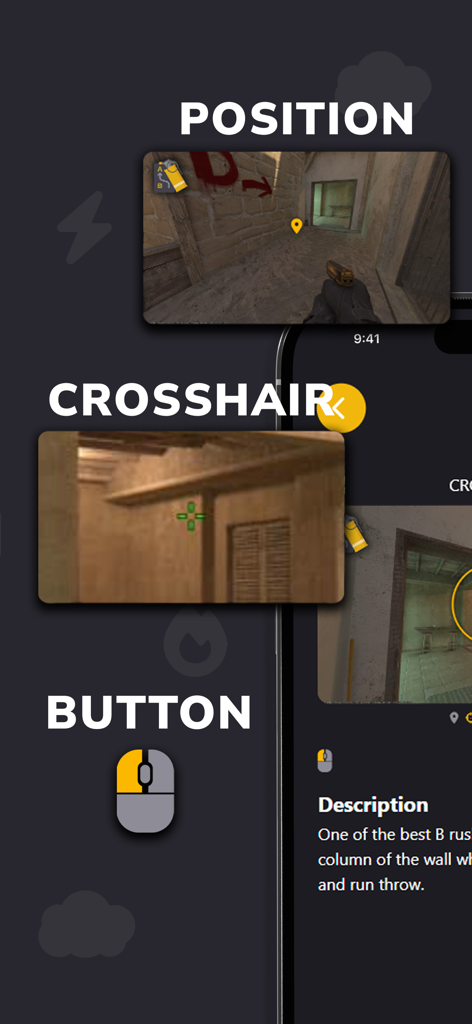 CS2 Tactician - CS2 Tactician app interface showing grenade lineup position and crosshair placement