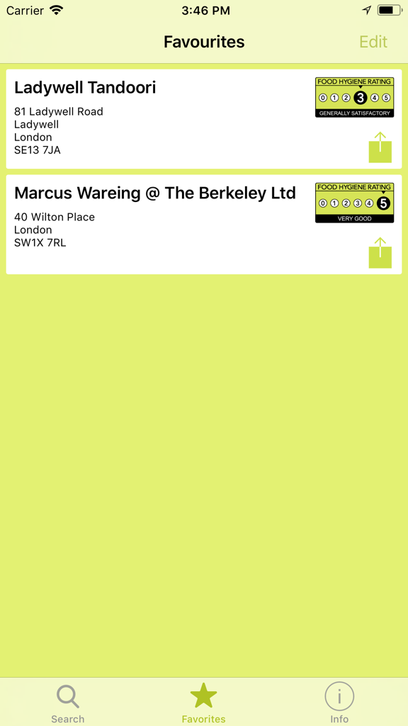 A list of favorite restaurants showing their official food hygiene ratings and addresses in London.