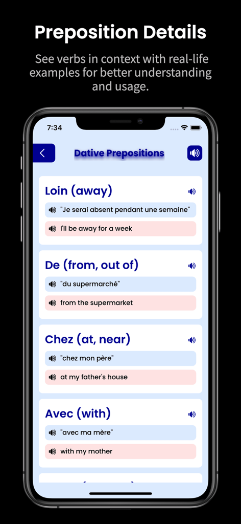 Ein Bildschirm aus der App Learn French, der eine Liste von Dativpräpositionen mit englischen Übersetzungen und Satzbeispielen anzeigt