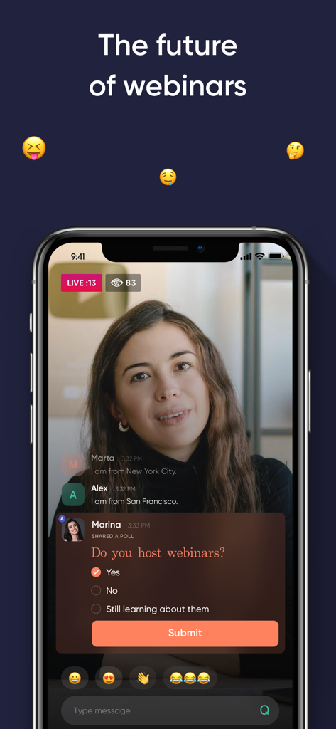 Webby App - iPhone screen showing a live webinar with a presenter, chat messages, and an interactive poll on the Webby App.