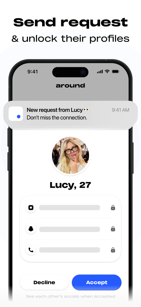 Interface do aplicativo Around mostrando uma solicitação de conexão de perfil de Lucy com opções para aceitar ou recusar para desbloquear links de mídia social.
