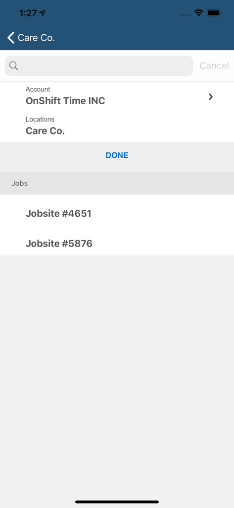 OnShift Time - A jobsite selection screen in the OnShift Time mobile app showing a list of jobs