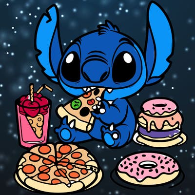 stich eating pizza and donuts