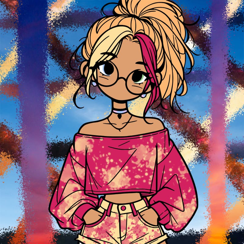 girl with a messy ponytail glasses a baggy crop top and jean shorts