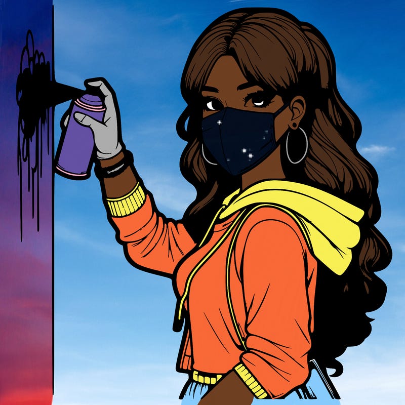 realistic girl with mask spray painting a wall