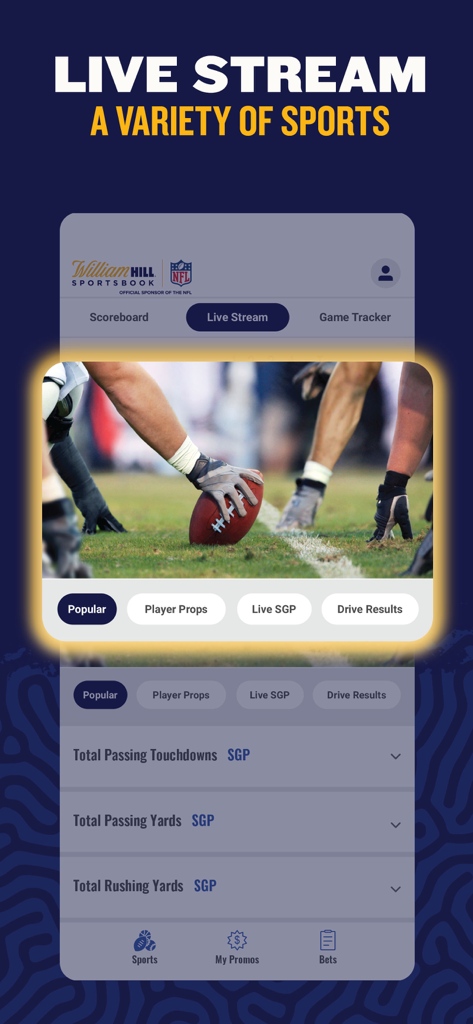 William Hill Nevadaアプリのインターフェース。NFLゲームのライブストリームと、ライブベッティングオプションおよびプレイヤープロップが表示されています。