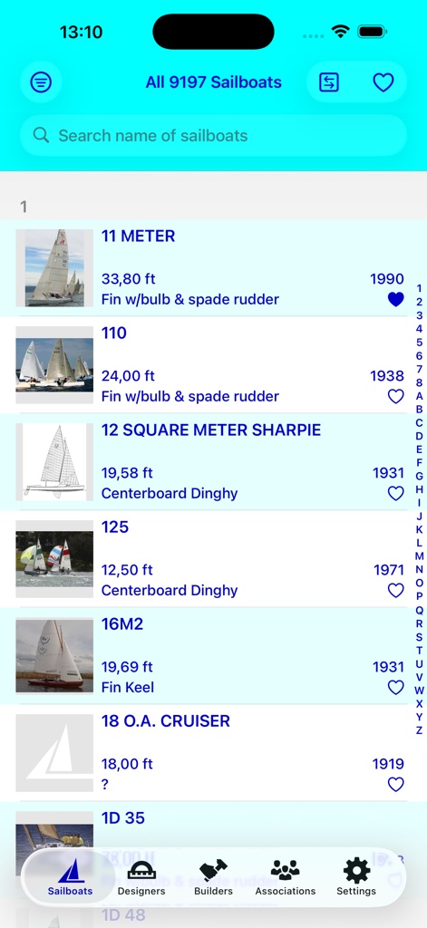 SailboatData - Mobile screen showing a list of sailboats with technical specifications and thumbnail images