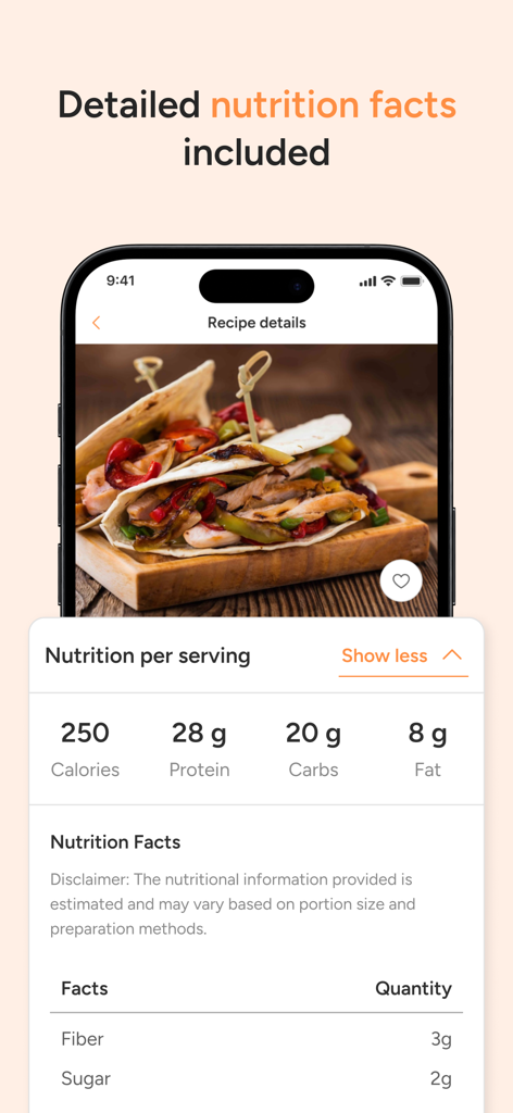Food Simp: Cook by Ingredients - Food Simp app interface displaying detailed nutrition facts and macronutrients for a recipe.