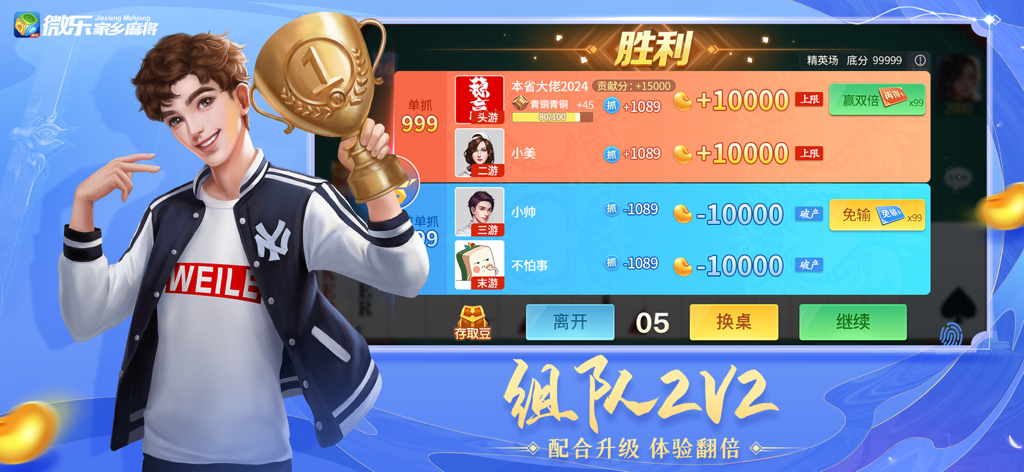 微乐家乡麻将-欢乐地方棋牌游戏合集来了 - Ein Sieg-Bildschirm im 2V2-Teammodus des Weile Hometown Mahjong-Handyspiels, der eine Figur mit einer Trophäe und Team-Ergebnisse zeigt