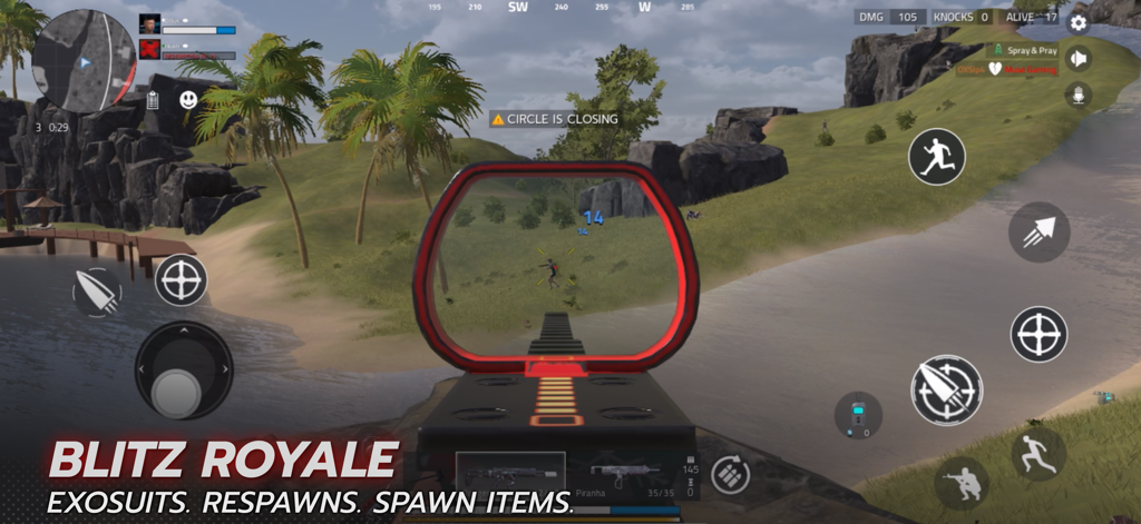 KOMPETE Early Access - Perspectiva de disparos en primera persona en el modo KOMPETE Blitz Royale mostrando gráficos realistas y mira holográfica