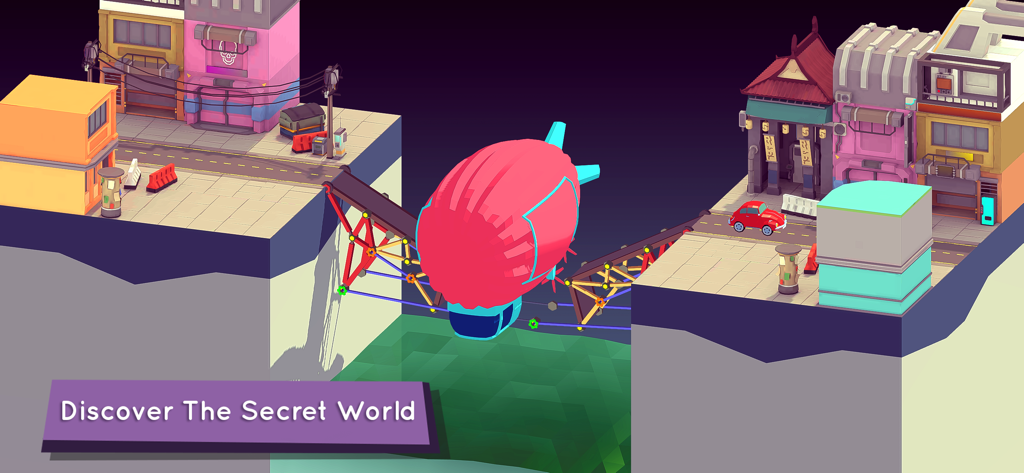 Bad Bridge - Un colorido nivel de juego de física 3D en Bad Bridge con un dirigible rojo y la leyenda Descubre El Mundo Secreto
