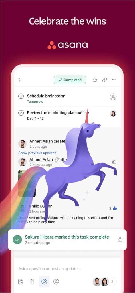 Asana: Work Management - Une capture d'écran de l'application Asana montrant une animation de célébration avec une licorne violette pour une tâche terminée.