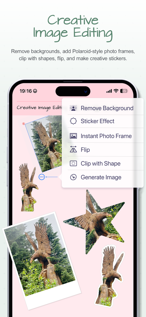 Penjo: Pencil Journal, Planner - Menu d'édition d'images créatives dans l'application Penjo montrant la suppression d'arrière-plan et les effets d'autocollant sur une page de journal numérique.