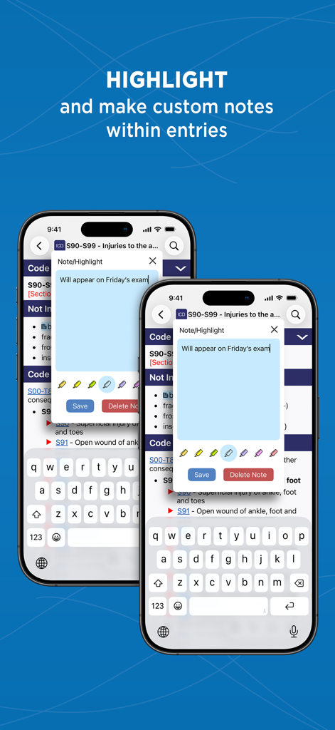 ICD 10 Coding Guide – Unbound - Una función en la aplicación Guía de codificación CIE-10 que permite a los usuarios resaltar y agregar notas personalizadas a las entradas de códigos médicos.
