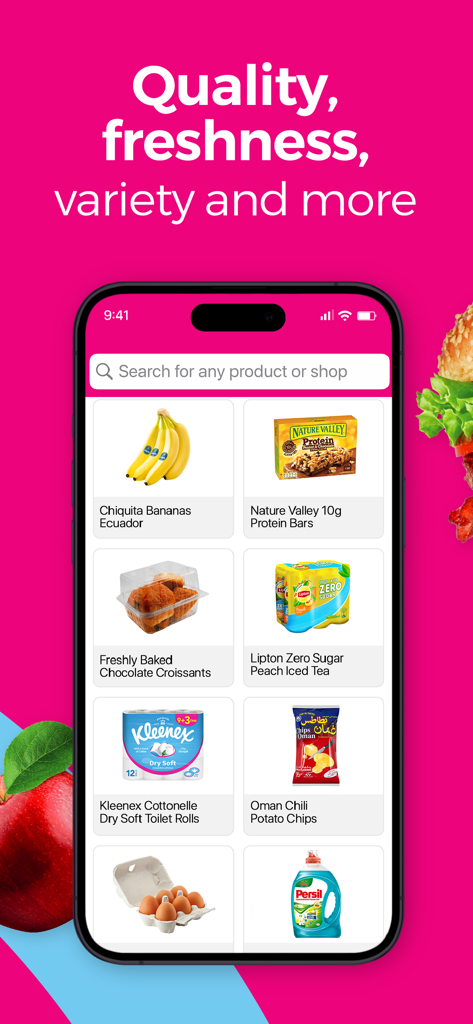 instashop: Groceries & more - Smartphone-Bildschirm, der die Benutzeroberfläche der InstaShop-App mit einer Auswahl an frischen Produkten, Snacks und Haushaltsartikeln zeigt.