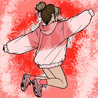 realistic girl jumping with a bun and oversized sweatshirt
