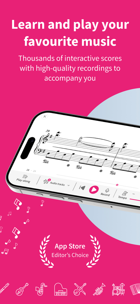 Smartphone screen showing Tomplay app with piano sheet music and playback controls