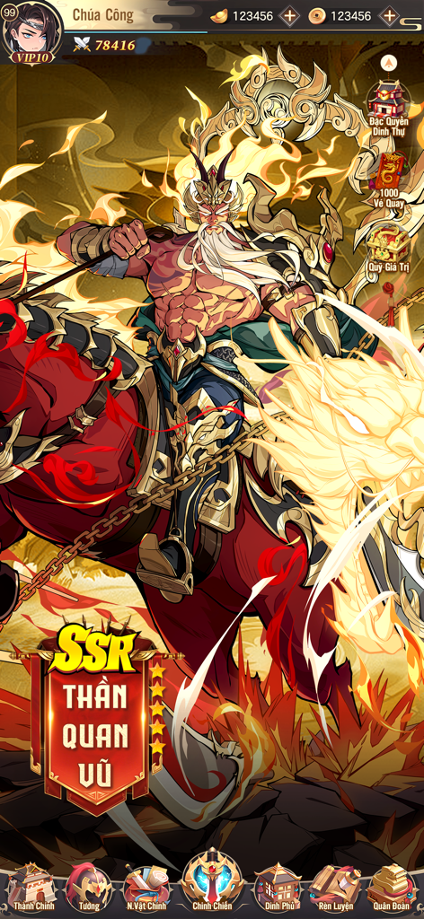 Quần Anh Phong Hoa Lục - Vplay - SSR God Guan Yu legendary character riding a horse with golden fire effects in Quần Anh Phong Hoa Lục