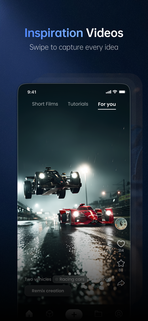 Interfaccia dell'app mobile Vidu che mostra un feed social di video cinematografici generati dall'AI con un pulsante di remix