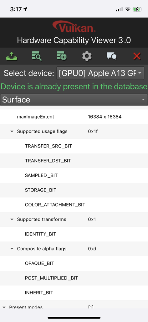 Vulkan Capabilities Viewer - Screenshot of the Vulkan Capabilities Viewer app displaying technical hardware specifications for an Apple A13 GPU