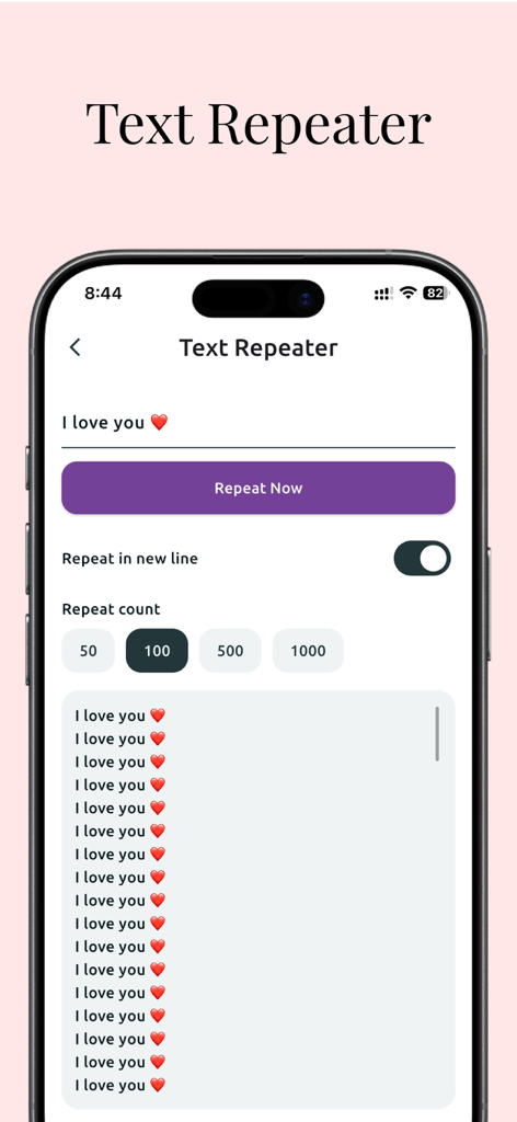 Nickname generator, Name style - A mobile app interface displaying a text repeater tool for generating repeated phrases