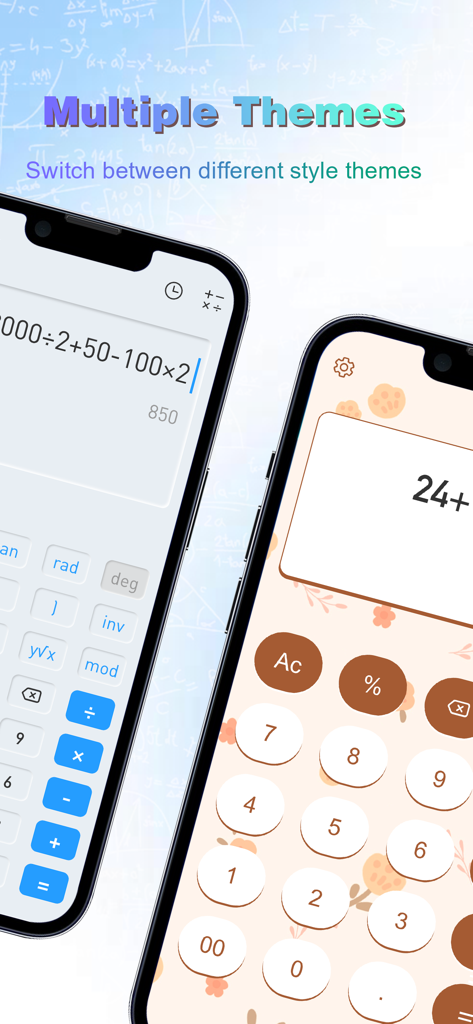 AI QuickSolver - Exhibición de múltiples temas de estilo de calculadora en la aplicación AI QuickSolver.