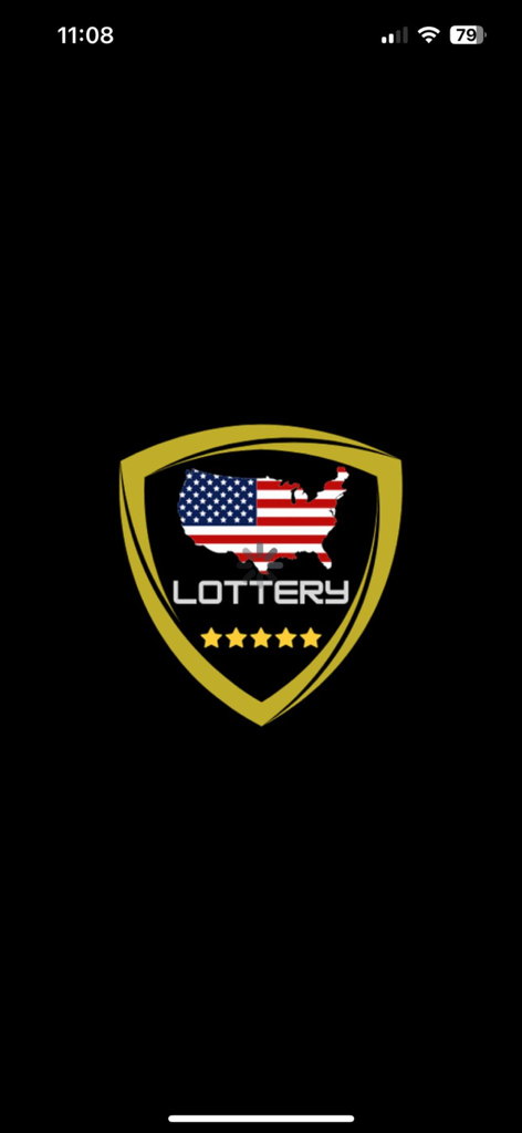 Lotto Results USA - Lotto Results USA app splash screen featuring a gold shield logo with a US flag themed map and five stars on a black background