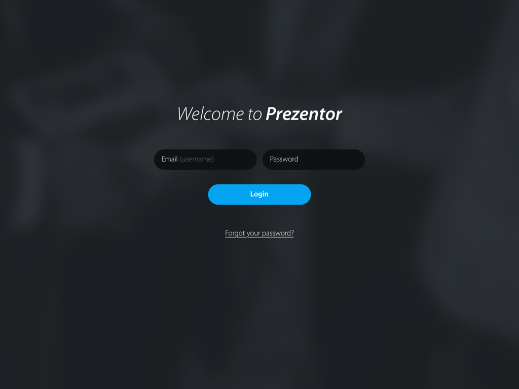 Login screen for the Prezentor interactive sales enablement tool on iPad