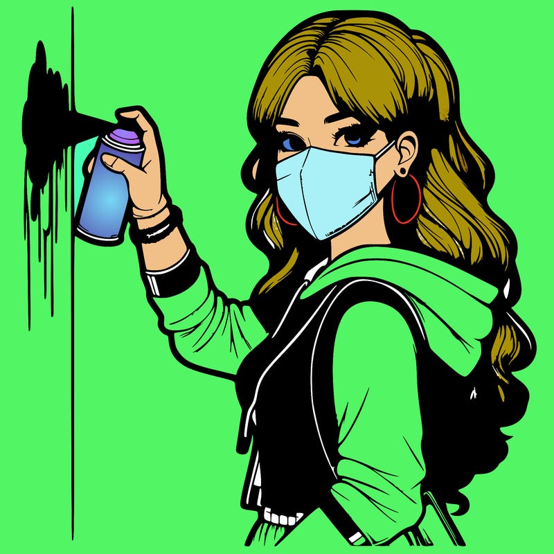 realistic girl with mask spray painting a wall