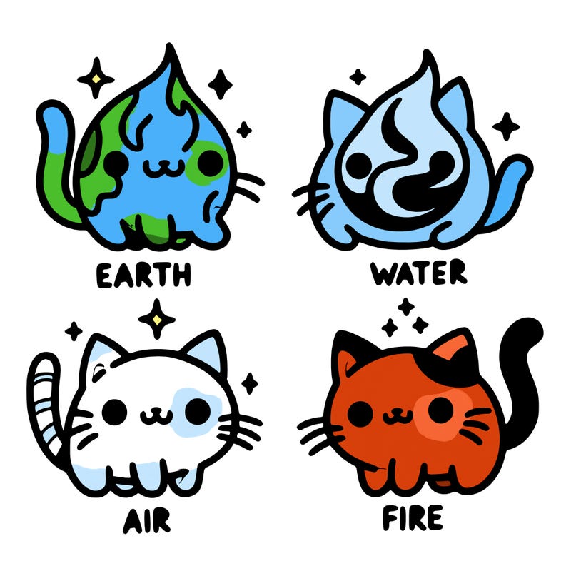 4 cats that represent the different elements, earth, water, air, and fire