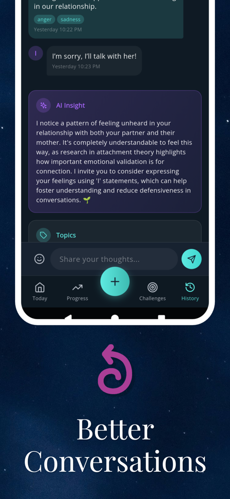 Couples Relationship AI App - Interfaz de la aplicación móvil que muestra información de IA para mejores conversaciones de relación