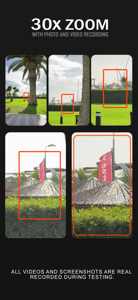 30x Zoom Digital Video Camera - Progressive screenshots showing 30x zoom magnification on a distant outdoor scene with a red flag