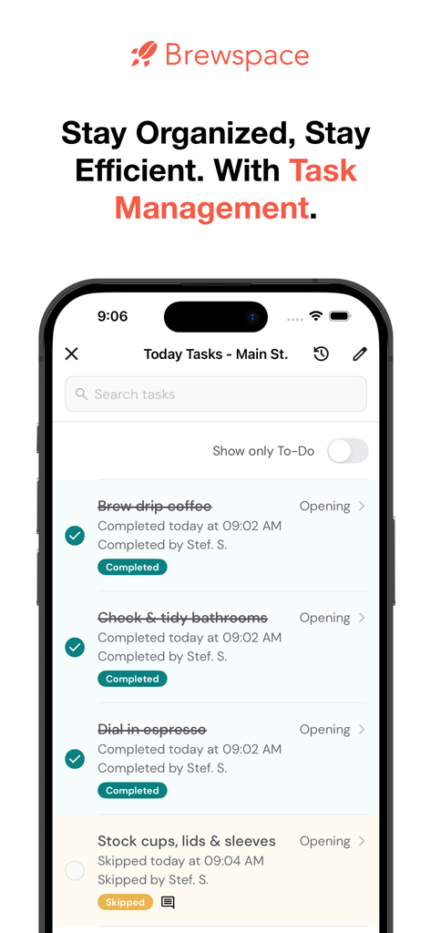 Brewspace: Café Manager - Brewspace app interface displaying a coffee shop opening checklist with completed and skipped tasks