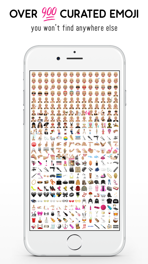 MuvaMoji by Amber Rose - A smartphone display showing a large collection of over 900 custom emojis from the MuvaMoji by Amber Rose app.