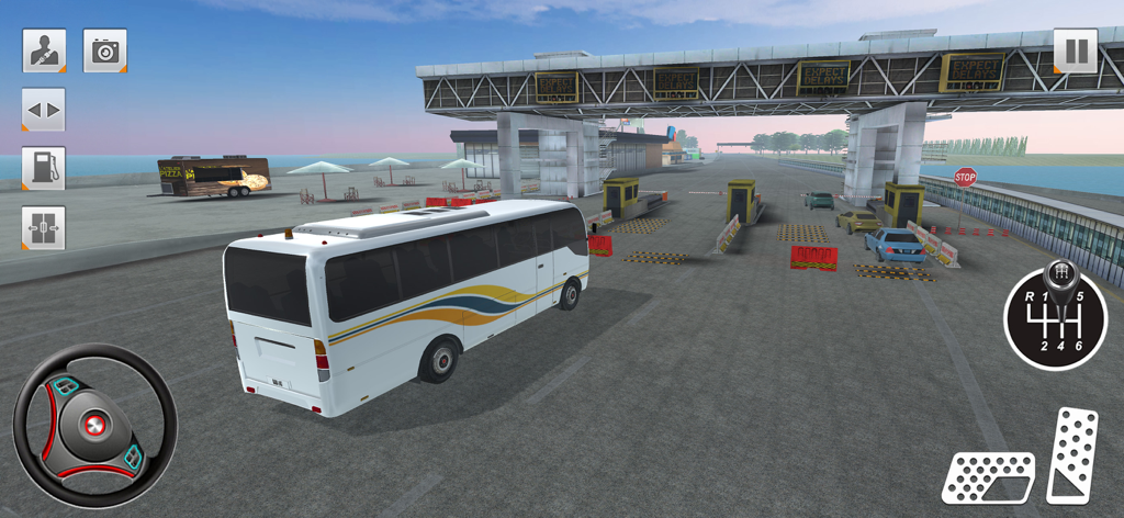 Bus Simulator Driving Game 3D - バスシミュレーター 3Dゲームで、高速道路の料金所を通過する白いコーチバス。
