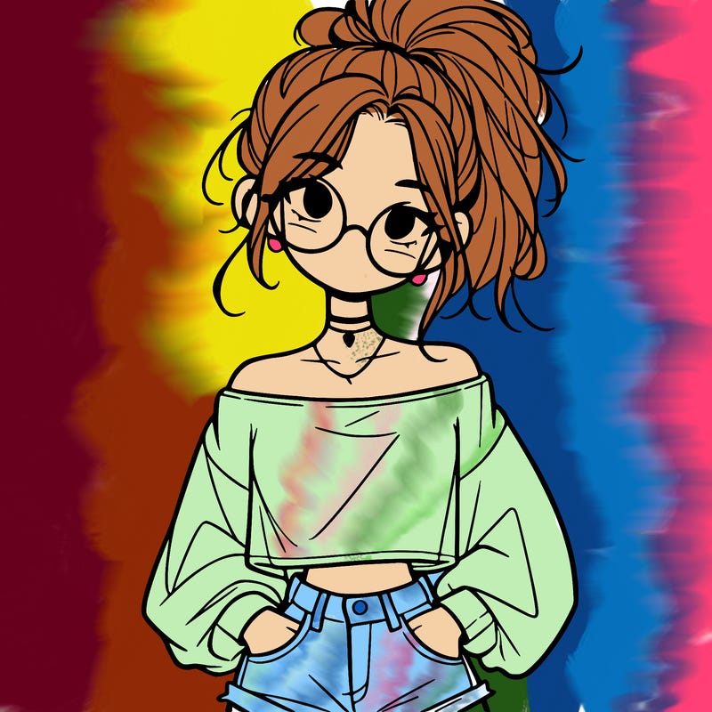 girl with a messy ponytail glasses a baggy crop top and jean shorts